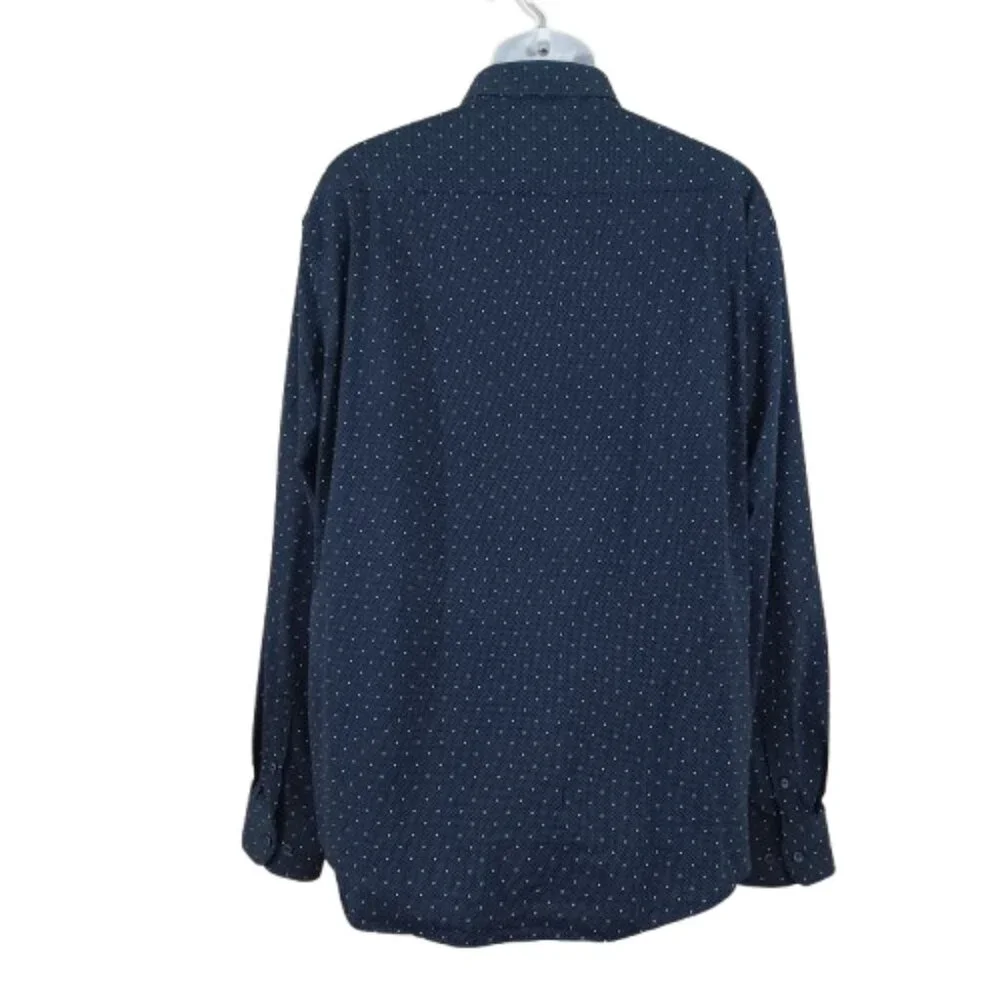 CACTUS MAN Ricky Singh Dark Blue & White Polkadot Long Sleeve Button Front Shirt